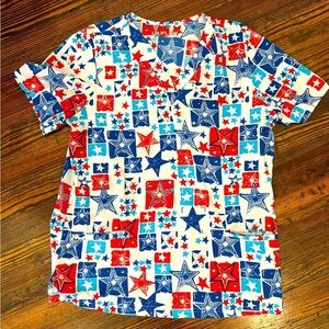 UA Flex Red White Blue Patriotic America Stars Scrub Medical Top W Pockets Sz M